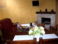 Salon con chimenea, televisión, mesa comedor y sillón